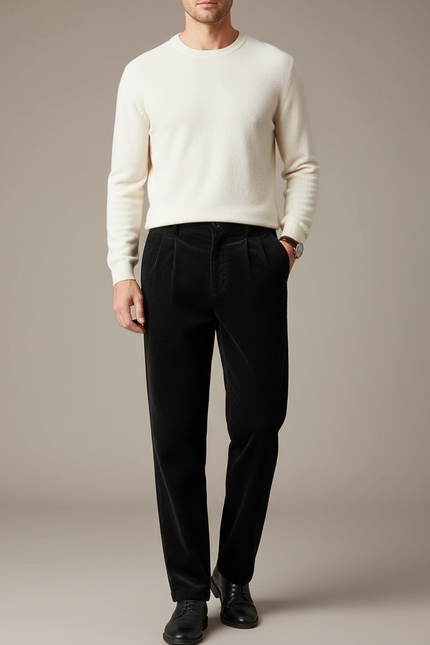 Pantalon Velours Noir Côtelé Plissé Droit Homme - Cordé