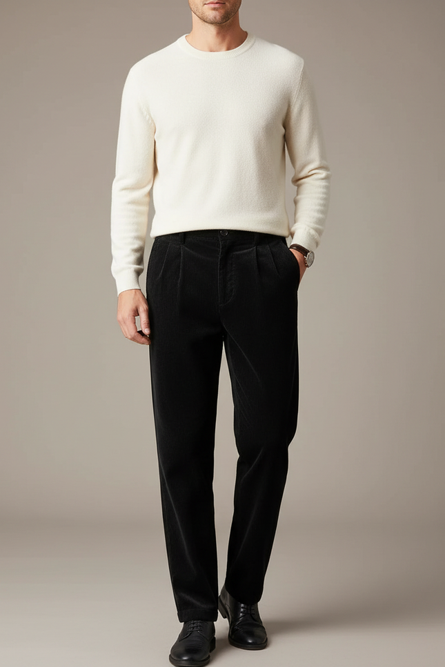Pantalon Velours Noir Côtelé Plissé Droit Homme - Cordé