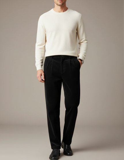 Pantalon Velours Noir Côtelé Plissé Droit Homme - Cordé