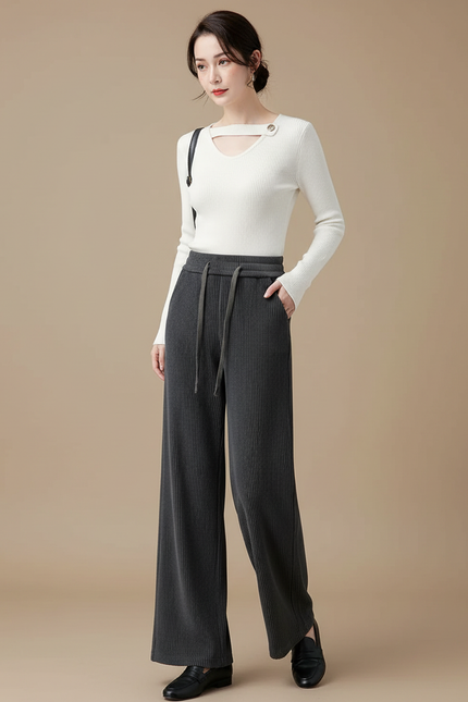 Pantalon Velours Côtelé Ample Gris Taille Haute Femme - Cordé