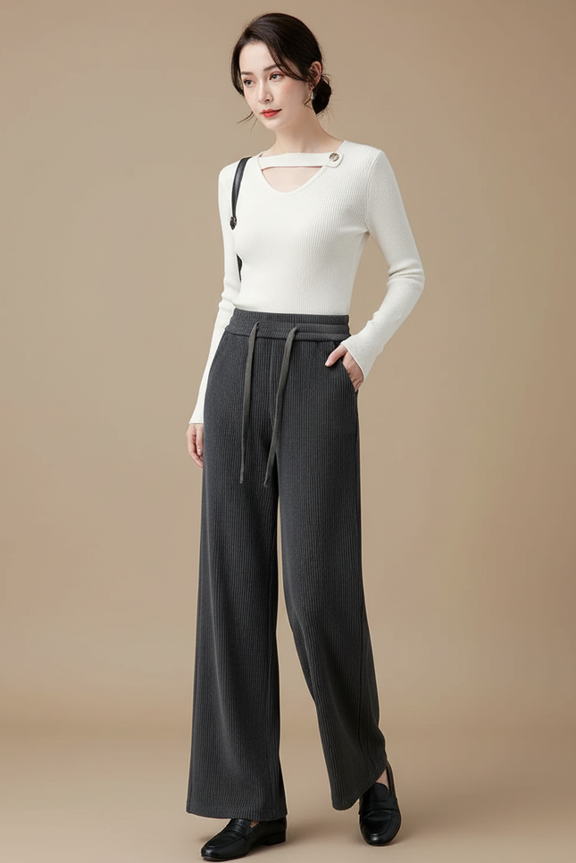Pantalon Velours Côtelé Ample Gris Taille Haute Femme - Cordé