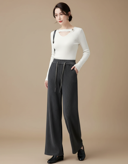 Pantalon Velours Côtelé Ample Gris Taille Haute Femme - Cordé