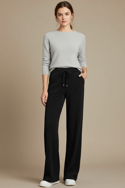 Pantalon Velours Noir Côtelé Ample Taille Haute - Cordé