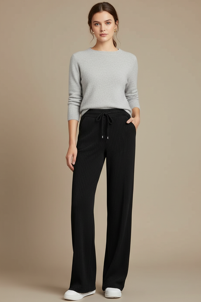 Pantalon Velours Noir Côtelé Ample Taille Haute - Cordé