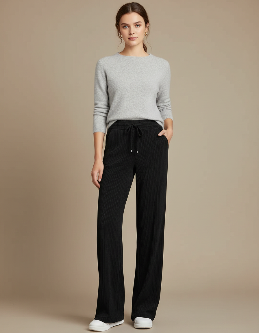 Pantalon Velours Noir Côtelé Ample Taille Haute - Cordé