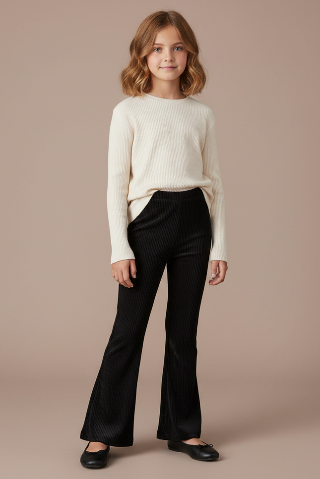 Pantalon Velours Côtelé Noir Évasé Confortable Fille - Cordé