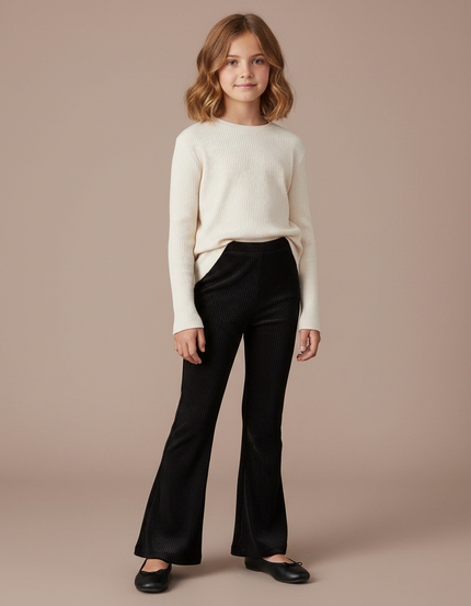 Pantalon Velours Côtelé Noir Évasé Confortable Fille - Cordé