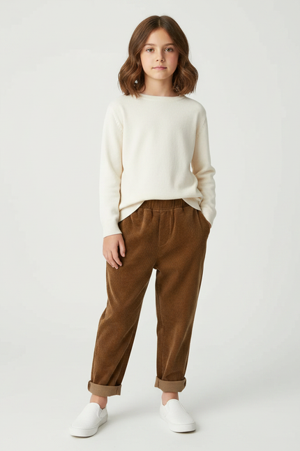 Pantalon Velours Côtelé Marron Ample Enfant Décontracté - Cordé