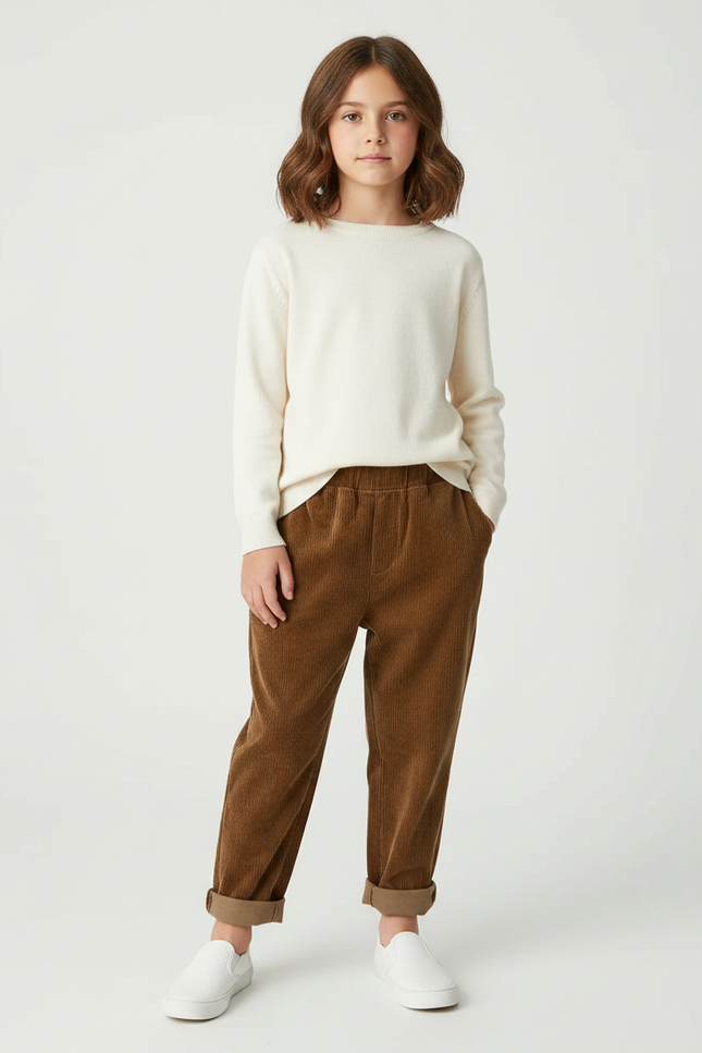 Pantalon Velours Côtelé Marron Ample Enfant Décontracté - Cordé
