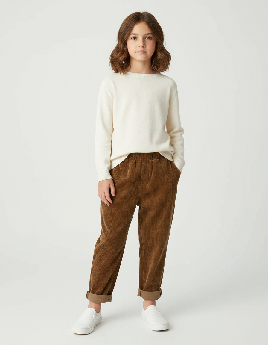 Pantalon Velours Côtelé Marron Ample Enfant Décontracté - Cordé