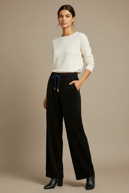 Pantalon Velours Côtelé Noir Ample Cordon Femme - Cordé