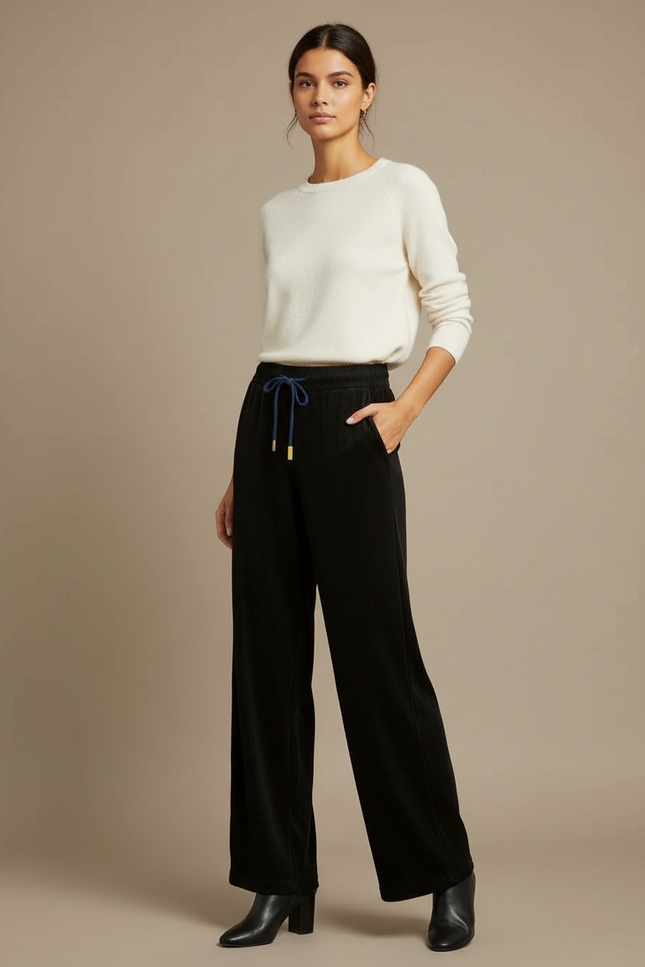 Pantalon Velours Côtelé Noir Ample Cordon Femme - Cordé