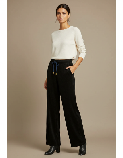 Pantalon Velours Côtelé Noir Ample Cordon Femme - Cordé