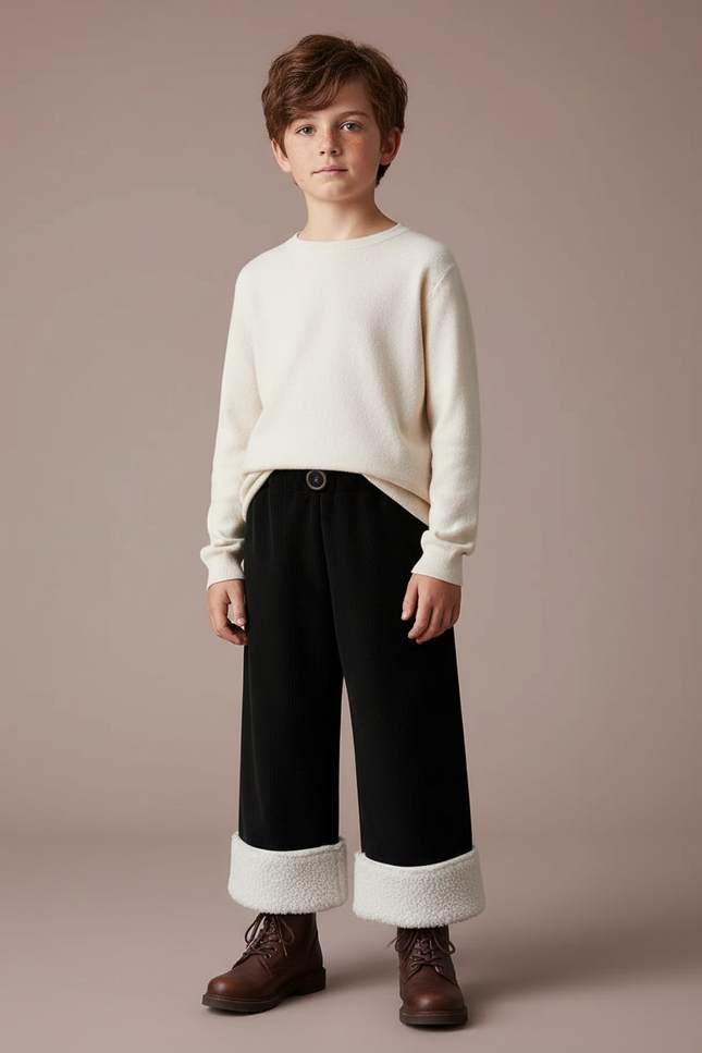 Pantalon Velours Noir Côtelé Ample Doublé Enfant - Cordé