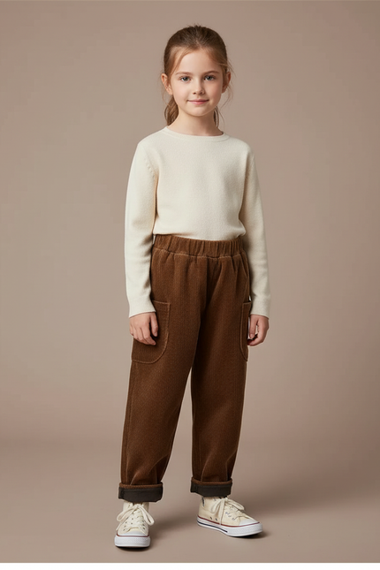 Pantalon Velours Côtelé Marron Ample Enfant Hiver - Cordé