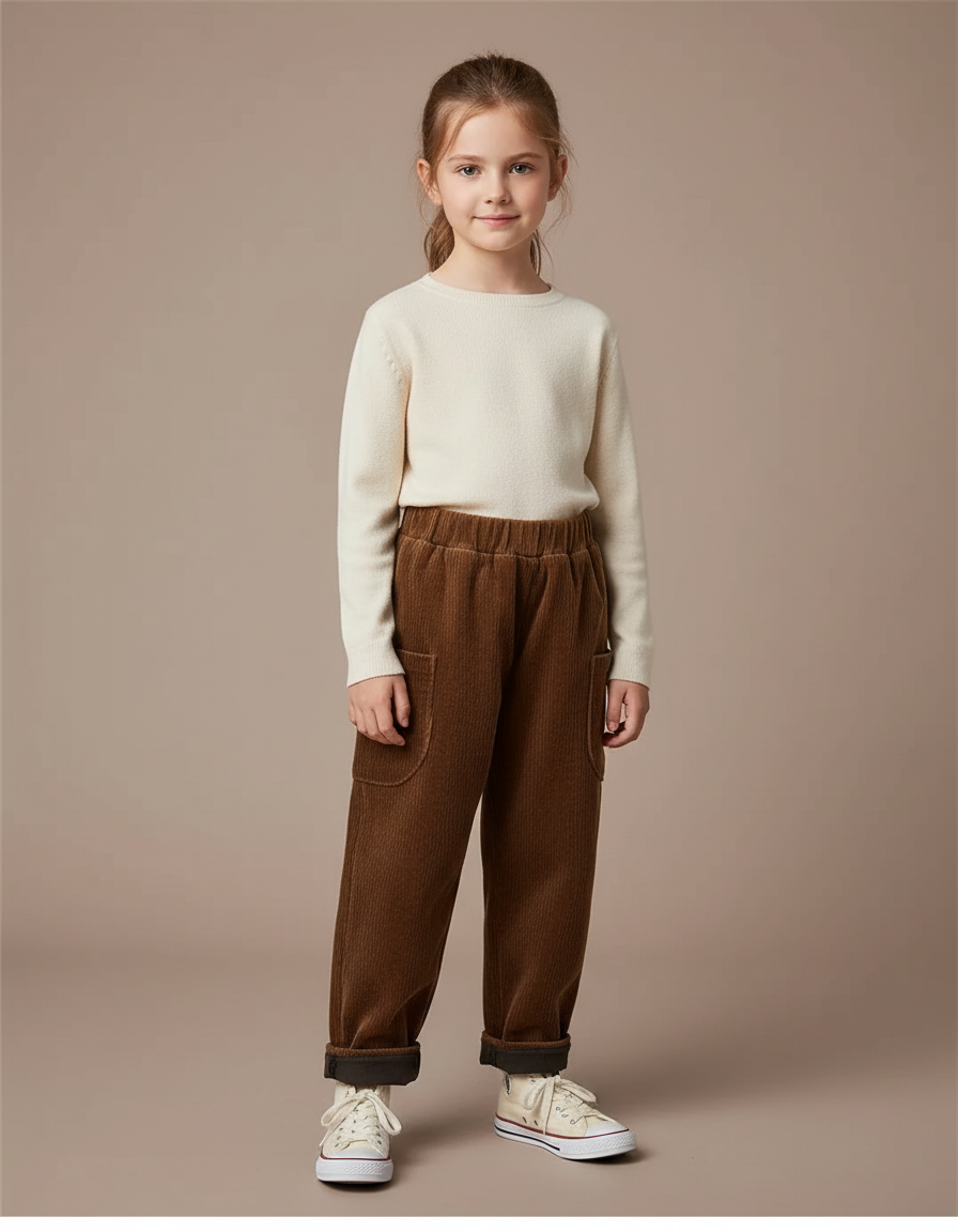 Pantalon Velours Côtelé Marron Ample Enfant Hiver - Cordé