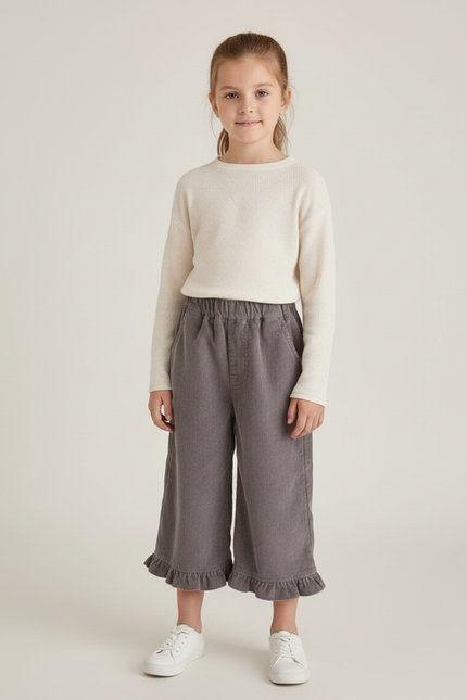 Pantalon Velours Gris Côtelé Volants Fille Décontracté - Cordé