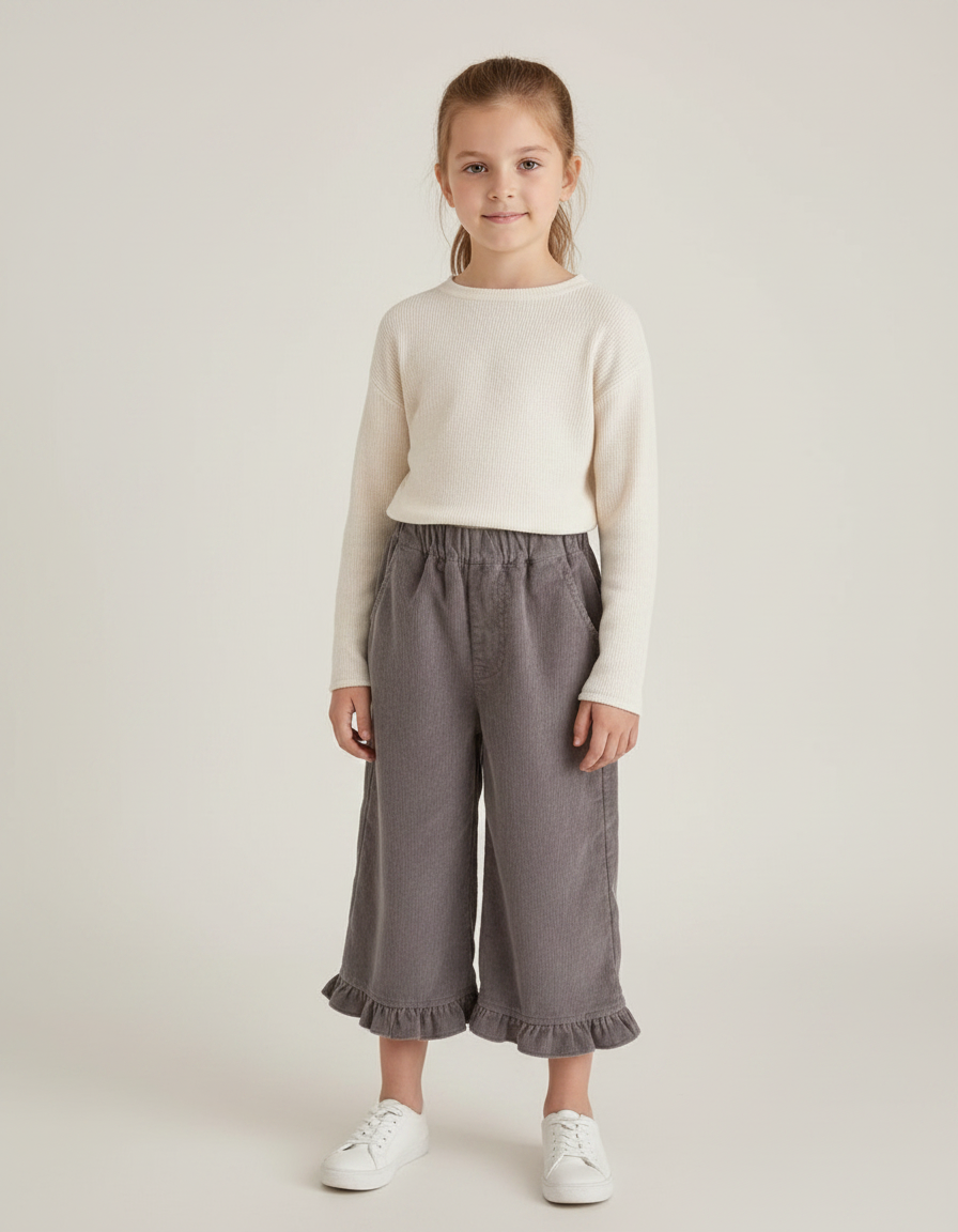 Pantalon Velours Gris Côtelé Volants Fille Décontracté - Cordé