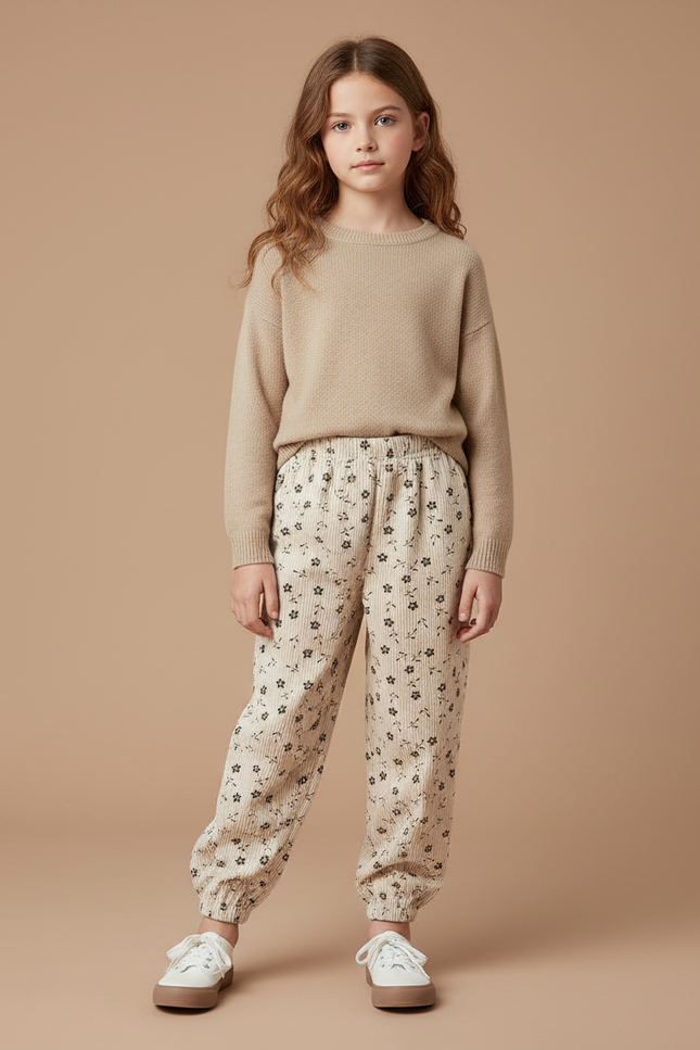 Pantalon Velours Côtelé Beige Imprimé Floral Enfant - Cordé