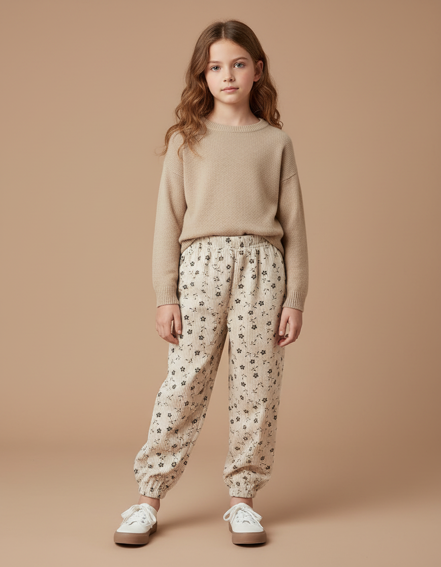 Pantalon Velours Côtelé Beige Imprimé Floral Enfant - Cordé