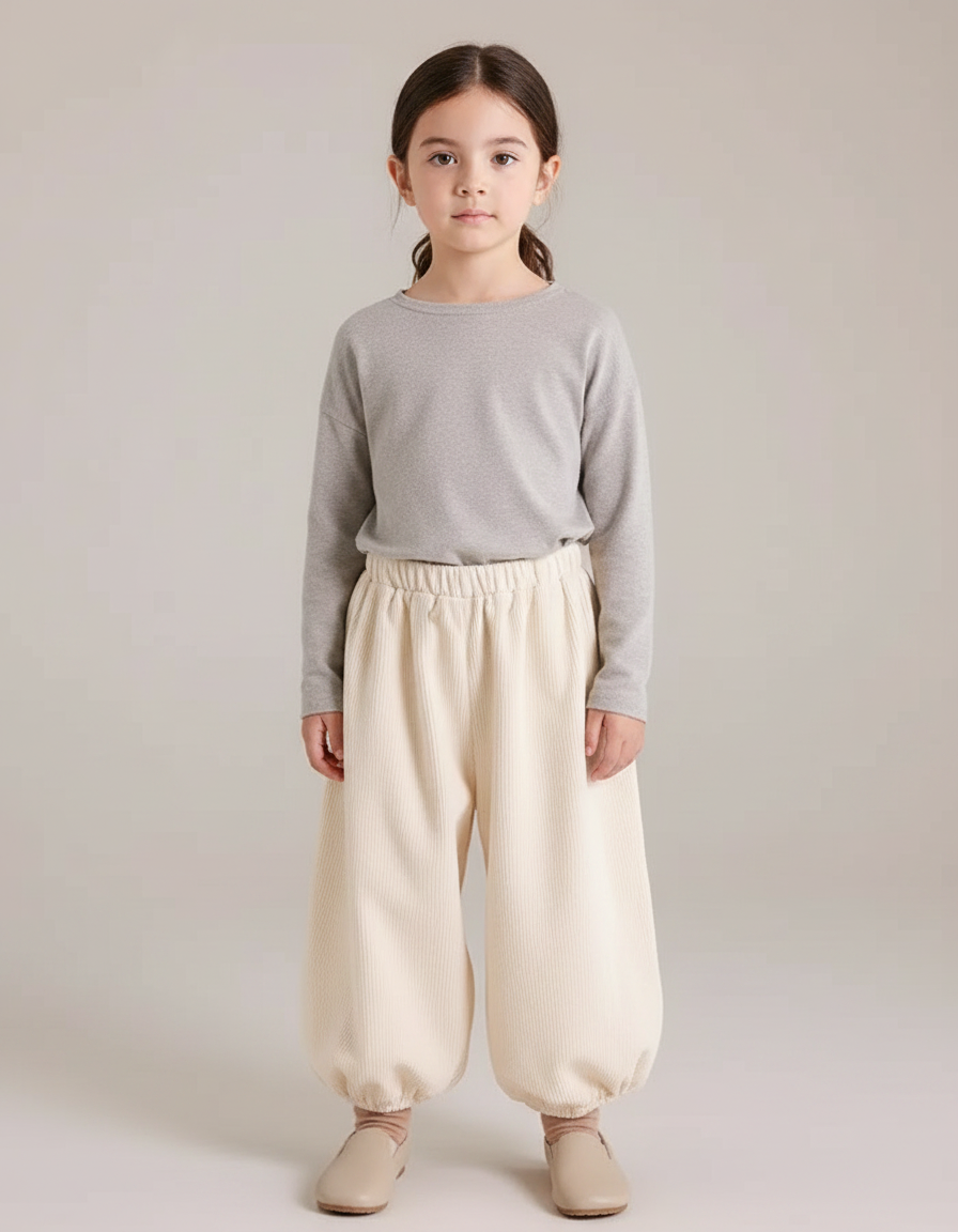 Pantalon Velours Côtelé Écru Ample Fille Lantern - Beige Cordé