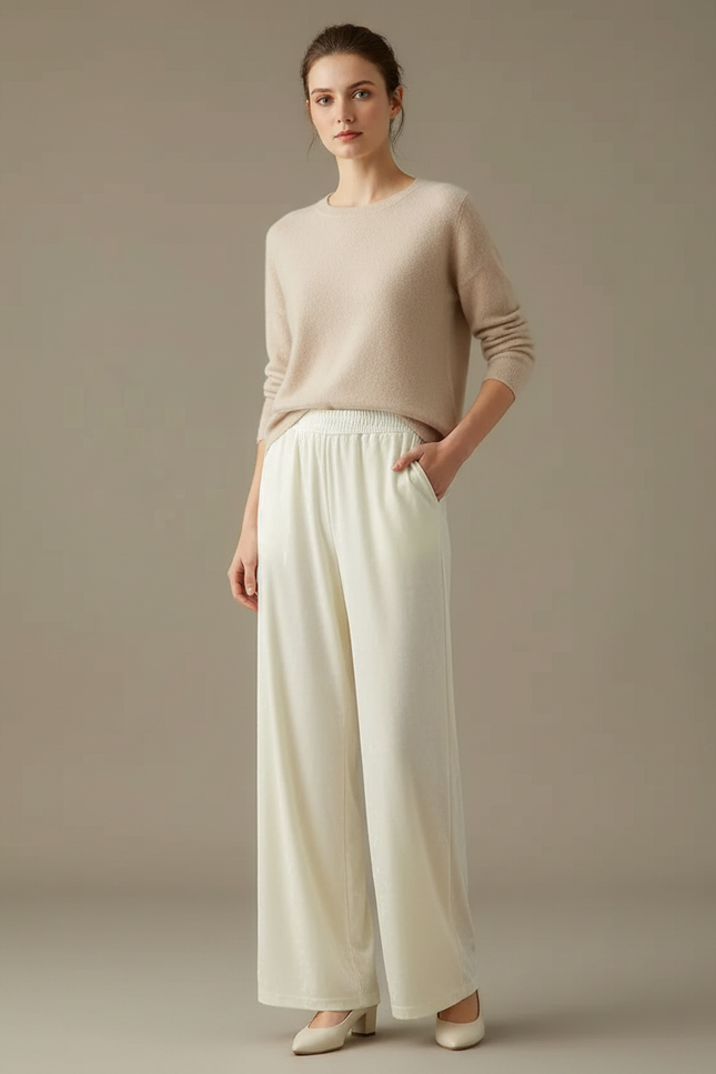 Pantalon Velours Blanc Cassé Ample Fluide Élégant Femme