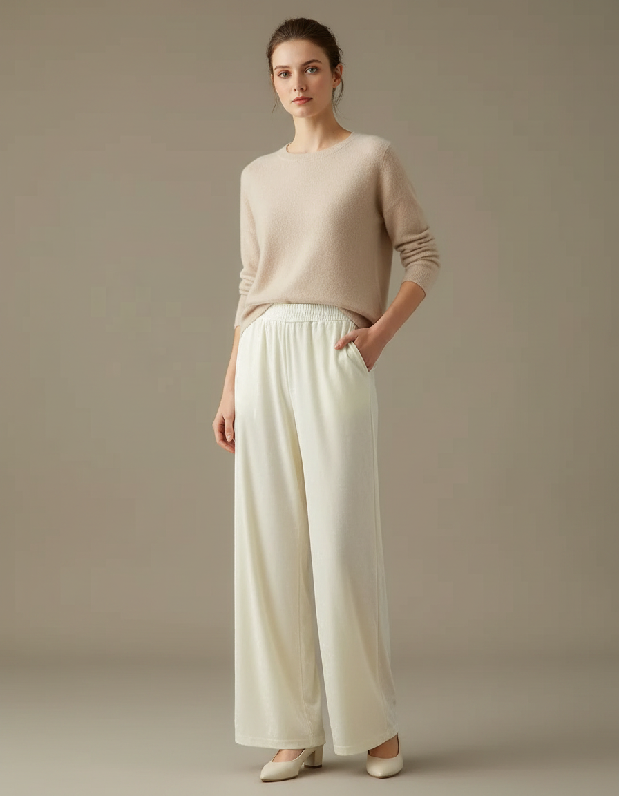 Pantalon Velours Blanc Cassé Ample Fluide Élégant Femme