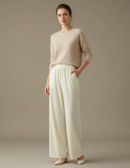 Pantalon Velours Blanc Cassé Ample Fluide Élégant Femme