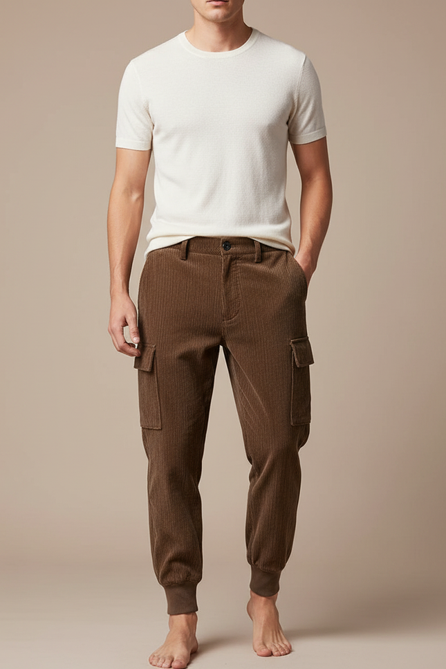 Pantalon Velours Marron Côtelé Cargo Homme Confortable - Cordé