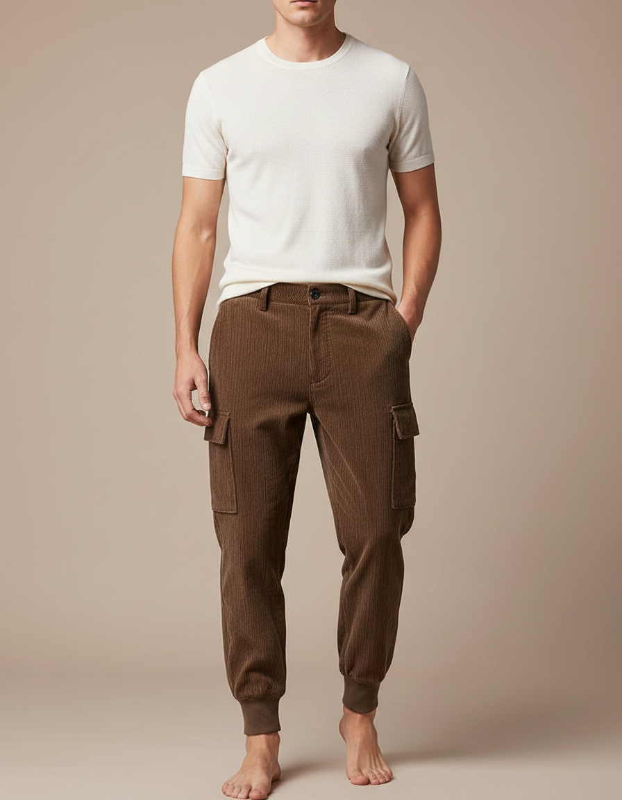 Pantalon Velours Marron Côtelé Cargo Homme Confortable - Cordé