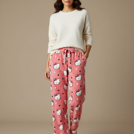 Pantalon Velours Rose Hello Kitty Ample Flannel Décontracté - Molleton