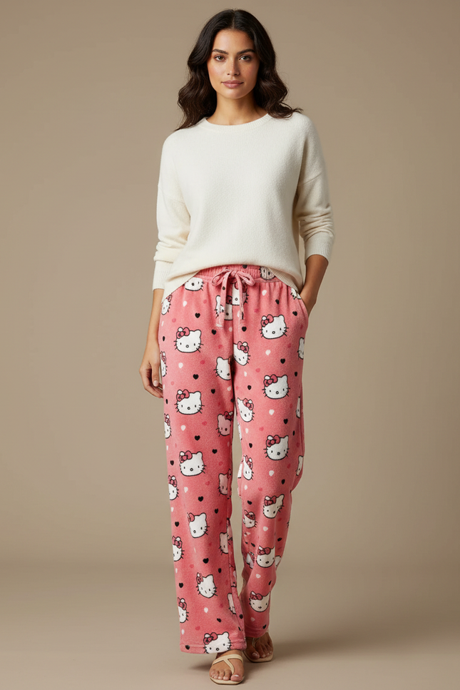 Pantalon Velours Rose Hello Kitty Ample Flannel Décontracté - Molleton