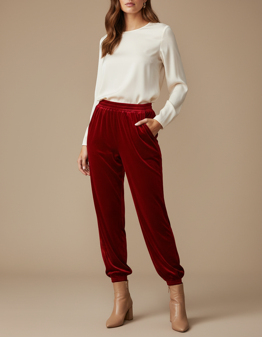 Pantalon Velours Stretch Femme - Rouge