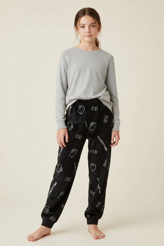 Pantalon Velours Noir Hello Kitty Confortable Décontracté Enfant