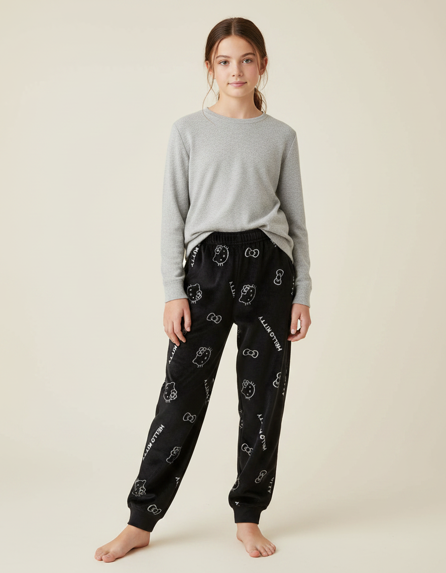 Pantalon Velours Noir Hello Kitty Confortable Décontracté Enfant