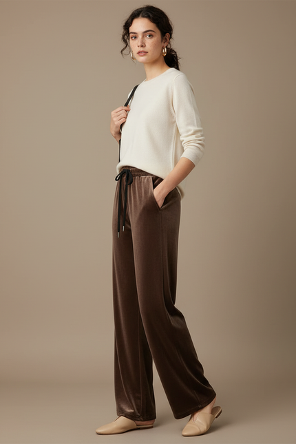 Pantalon Velours Marron Ample Fluide Élégant Femme