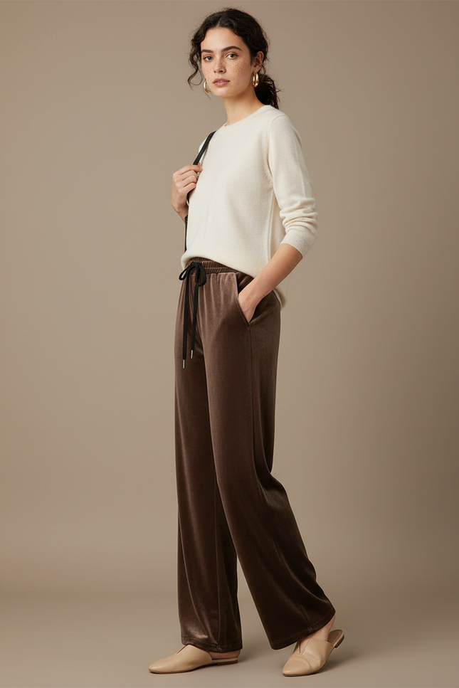 Pantalon Velours Marron Ample Fluide Élégant Femme