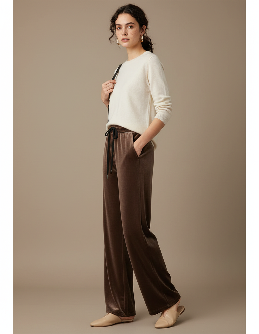 Pantalon Velours Marron Ample Fluide Élégant Femme