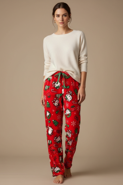 Pantalon Velours Rouge Ample Motif Noël Hello Kitty