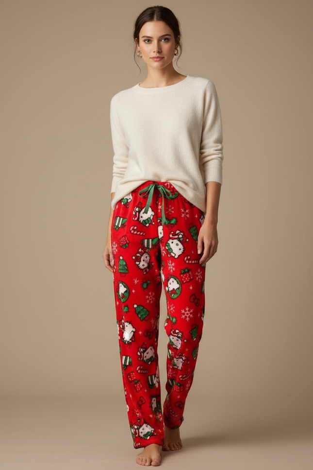 Pantalon Velours Rouge Ample Motif Noël Hello Kitty