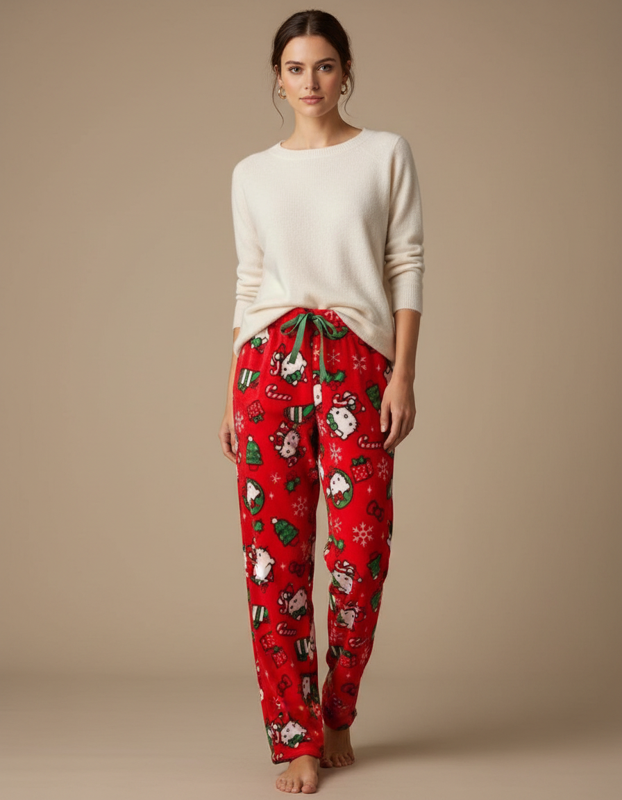 Pantalon Velours Rouge Ample Motif Noël Hello Kitty