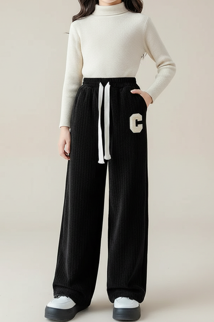 Pantalon Velours Noir Côtelé Ample Lettre C - Cordé