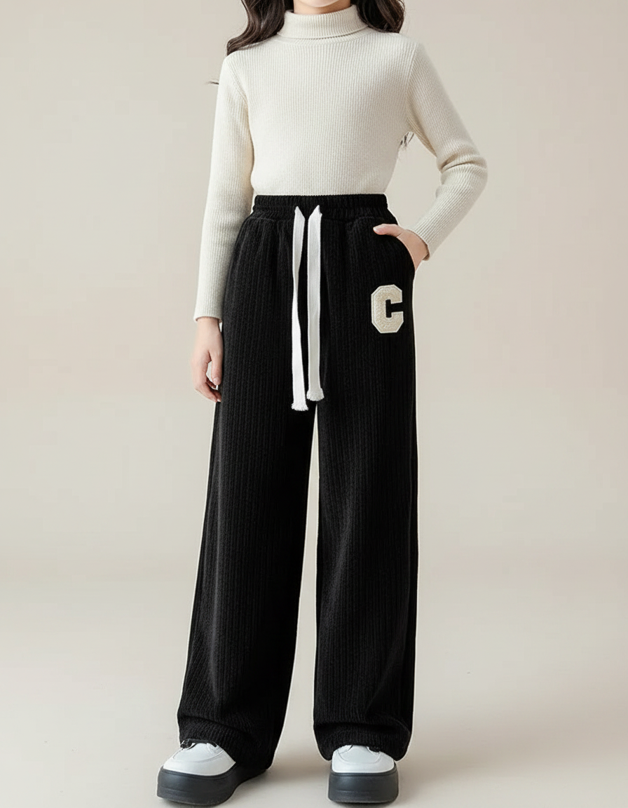 Pantalon Velours Noir Côtelé Ample Lettre C - Cordé