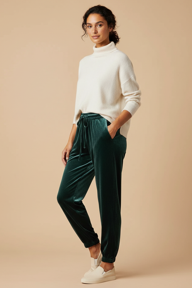 Pantalon Velours Vert Émeraude Ample Élastiqué Décontracté Femme
