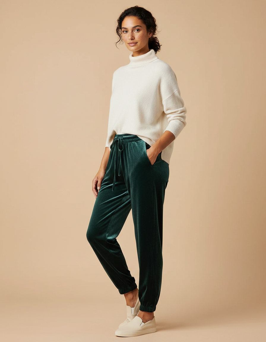 Pantalon Velours Vert Émeraude Ample Élastiqué Décontracté Femme