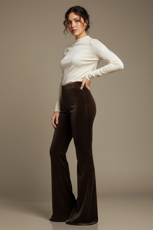 Pantalon Velours Marron Côtelé Évasé Taille Haute Élégant - Cordé