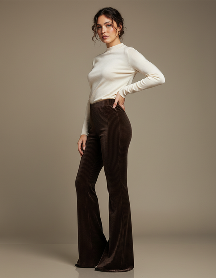 Pantalon Velours Marron Côtelé Évasé Taille Haute Élégant - Cordé