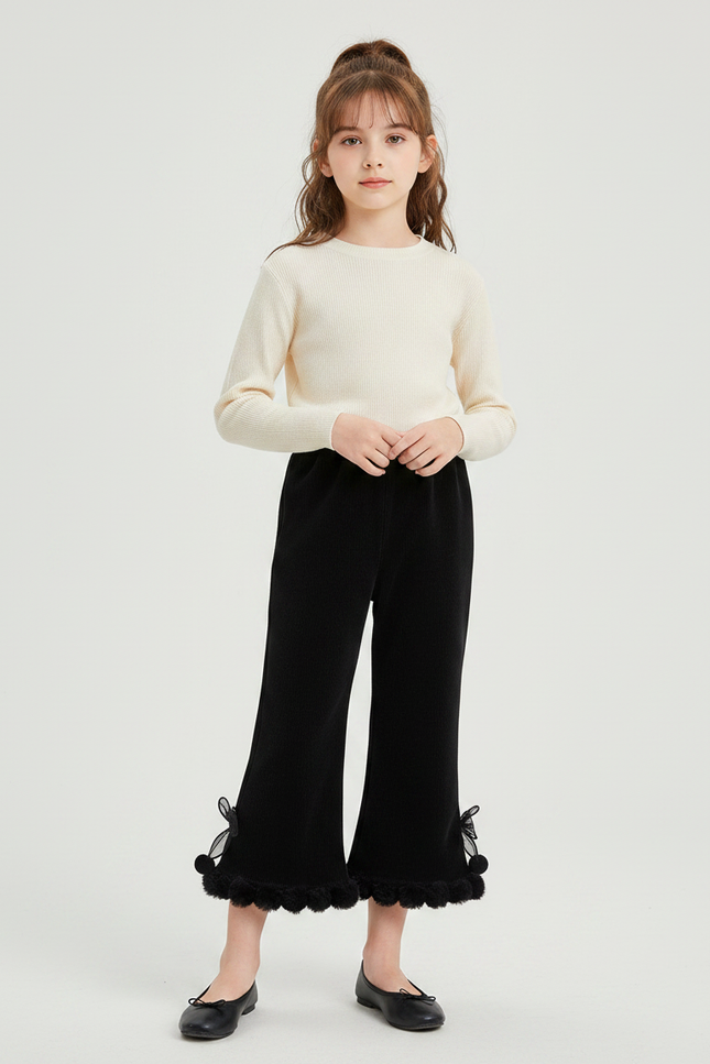 Pantalon Velours Noir Côtelé Évasé Pompons Fille