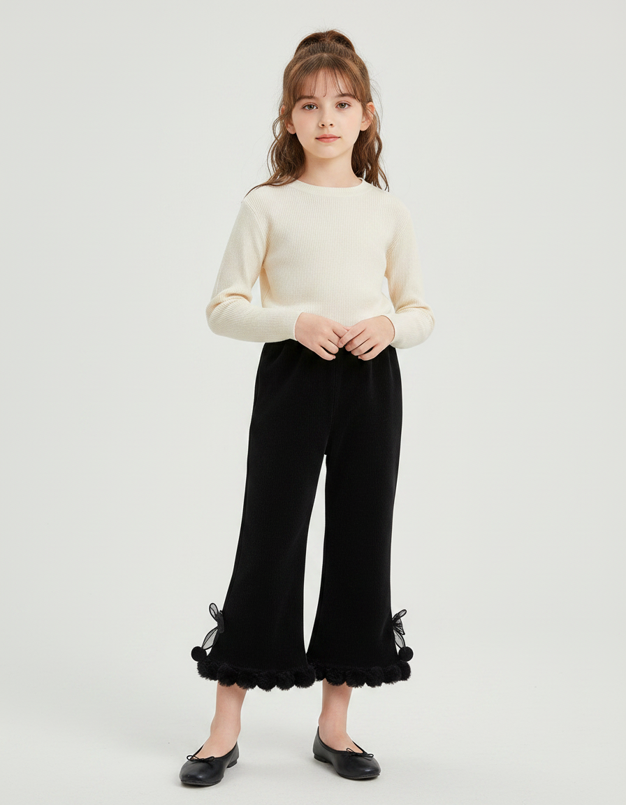 Pantalon Velours Noir Côtelé Évasé Pompons Fille
