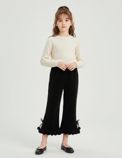 Pantalon Velours Noir Côtelé Évasé Pompons Fille